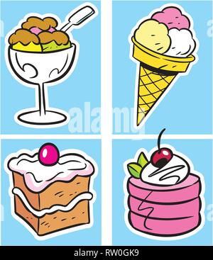 Vector illustration set of sweet dessert made of ice cream, cream and cakes in cartoon style Stock Vector