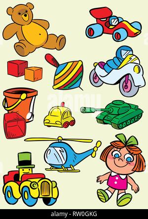 The illustration shows the big heap of colorful childrens toys. Illustration done in cartoon style. Stock Vector