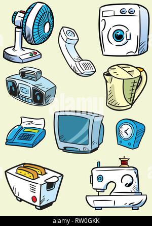 The illustration presented household appliances in a cartoon style. Drawing done on separate layers. Stock Vector