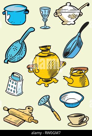 The illustration shows several items utensils. Illustration is presented in cartoon style on separate layers. Stock Vector