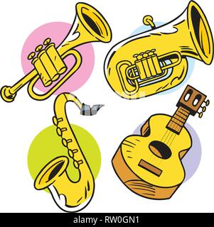 The illustration shows some string and wind musical instruments. Illustration done in cartoon style, on separate layers. Stock Vector