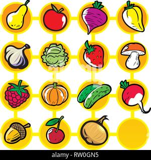 The illustration shows a set of different types of vegetables and fruits. Achieved isolated on white background, on separate layers. Stock Vector
