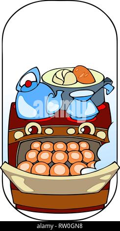 The vector illustration shows the stove on which the cooking is going. And pies are cooked in the oven. Done in a cartoon style. Stock Vector