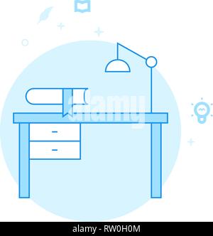 Writer's Desk, Workplace Flat Vector Icon. Writing, Authors or Education Illustration. Light Flat Style. Blue Monochrome Design. Editable Stroke. Adju Stock Vector