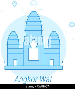 Angkor Wat, Cambodia Flat Vector Icon. Historical Landmarks Related Illustration. Light Flat Style. Blue Monochrome Design. Editable Stroke. Stock Vector