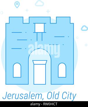 Old City, Jerusalem Flat Vector Icon. Historical Landmarks Related Illustration. Light Flat Style. Blue Monochrome Design. Editable Stroke. Stock Vector