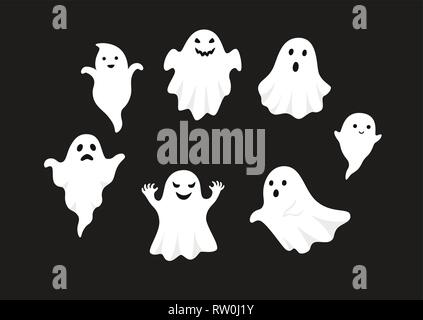 set of cute ghost creation kit, changeable face, flat design vector for halloween Stock Vector