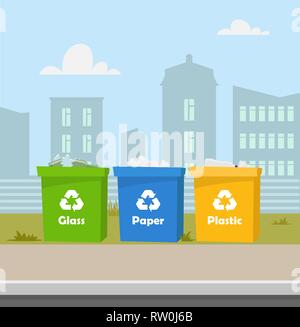 Containers with waste. Recycling and sorting garbage. City landscape on background. Blue, green, yellow trash bins with recycling symbols. Containers  Stock Vector