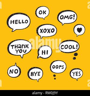 Hand drawn set of speech bubbles with handwritten short phrases yes xoxo hello hi oops no cool thank you bye ok omg Stock Vector