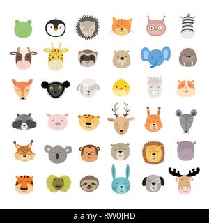 Big set of cute animal faces. Hand drawn characters. Vector illustration. Stock Vector