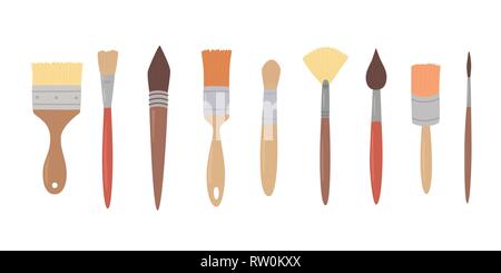 Drawing tools, set paint brushes in row on white isolated background. Artist painting materials. Stock Vector