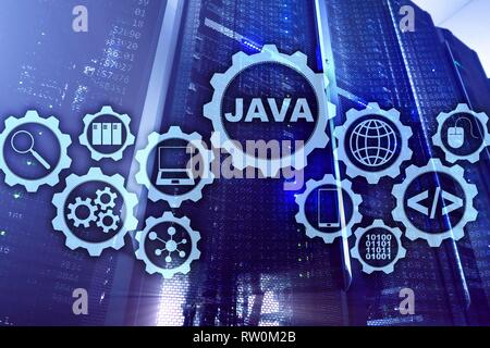 Java Programming concept. Virtual machine. On server room background ...