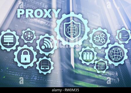 Proxy server. Cyber security. Concept of network security on virtual screen. Server room background. Stock Photo