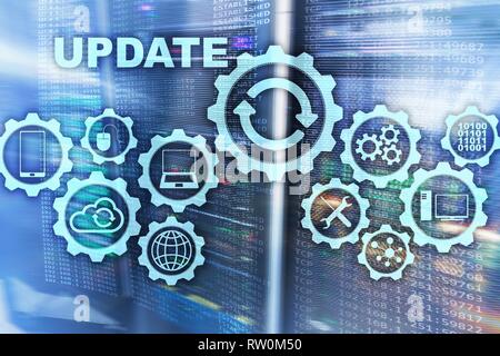 Update Software Computer on Virtual Screen Server Room Datacenter Background. Technology Updating Concept. Stock Photo