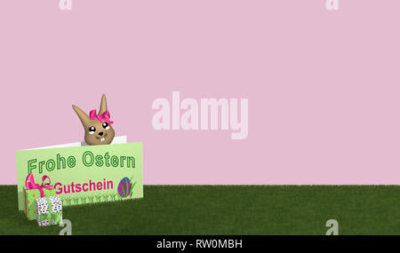 Gift card with Easter bunny and presents on green meadow. With text in german: Happy Easter and voucher. 3d rendering Stock Photo