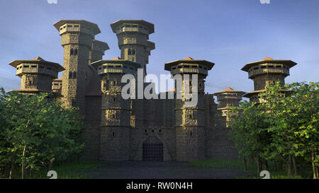 castle in forest, medieval builing surrounded by trees Stock Photo