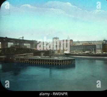 Newcastle upon Tyne. Image by George Washington Wilson, of the swing bridge and high level bridge spanning the river Tyne. Hand coloured, magic lantern slide. Stock Photo