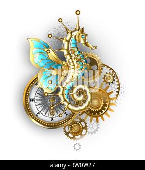 Composition from mechanical seahorse (Hippocampus), gears and an antique compass on white background. Stock Vector