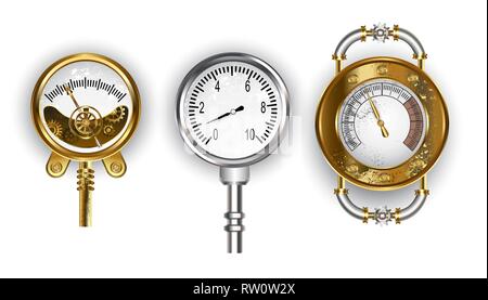 Three antique pressure gauge drawn in steampunk style on white background. Stock Vector