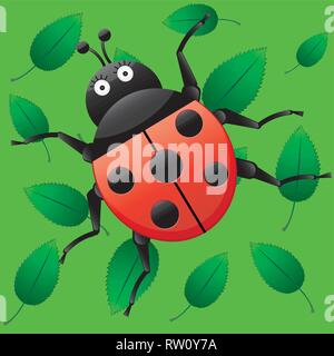 Funny ladybug, looking on me, cartoon character on green seamless background with leaves, vector illustration Stock Vector