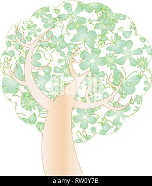 Tree made from flovers, birds, butterflies and leaves, vector illustration Stock Vector