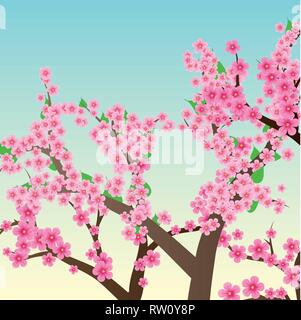 Spring or summer background with cherry blossom, sakura trees, vector illustration Stock Vector