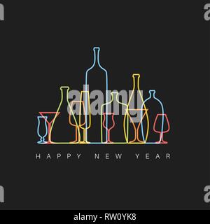 Modern minimalistic New Year card with bottles and glasses - dark version Stock Vector