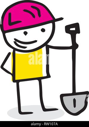 Stick figure construction worker vector drawing. Flat illustration. Stock Vector