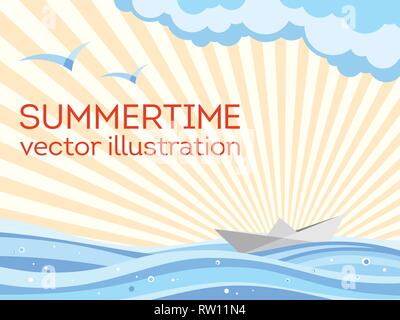 Summer background. Summertime theme. Paper ship origami sailing on the waves, seagulls, sun rays and clouds. Vector illustration. Stock Vector
