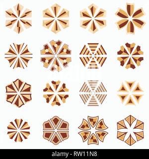 Abstract symmetric geometric center shapes. Beige and brown colors. Flat design. Vector symbols. Stock Vector