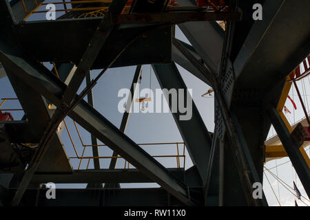 View from underneath of a dockside crane at the Port of Sunderland on the River Wear in in the North East of England Stock Photo