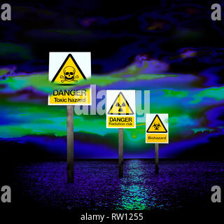 Hazard signs warn of danger in a digital dystopia of polluted air and water, of swirling oil slicks where once were clouds... Stock Photo