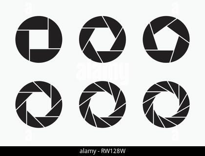 Set of black camera lens aperture icons isolated on light background. Camera objective icon. Shutter icon. Focus icon. Zoom objective. Stock Vector