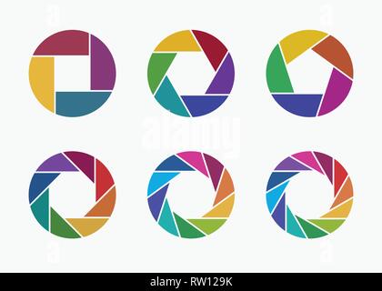Set of colorful camera lens aperture icons isolated on light background. Camera objective icon. Shutter icon. Focus icon. Zoom objective. Stock Vector