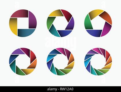 Set of colorful camera lens aperture icons isolated on light background. Camera objective icon. Shutter icon. Focus icon. Zoom objective. Stock Vector