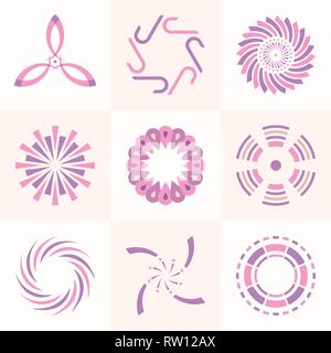 Abstract geometric shapes, symbols for your design. Symmetric center shapes. Design elements.Collection of abstract vector symbols isolated on light b Stock Vector