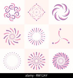 Abstract geometric shapes, symbols for your design. Symmetric center shapes. Design elements.Collection of abstract vector symbols isolated on light b Stock Vector