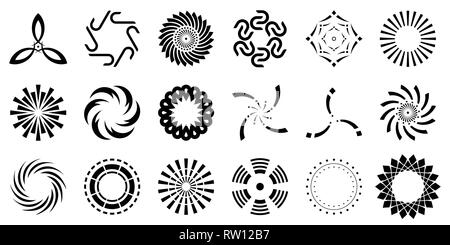 Set of abstract geometric s ymmetric center shapes. Collection of symbols for your design. Isolated on white background. Design elements . Vector mono Stock Vector