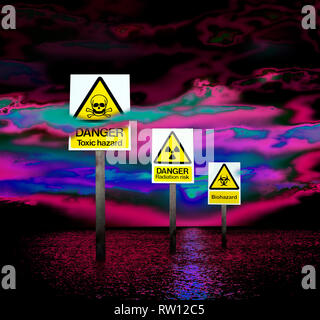 Hazard signs warn of danger in a digital dystopia of polluted air and water, of swirling oil slicks where once were clouds... Stock Photo