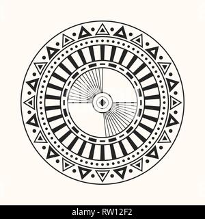 Abstract circular ornament. Ethnic mandala. Stylized sun symbol. Rosette of geometric elements. Tribal ethnic motif. Stencil tattoo and prints. Stock Vector