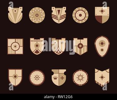 Army shields icons set. Medieval shields set. Logo emblem isolated on dark background. Flat design. Vector illustration. Stock Vector