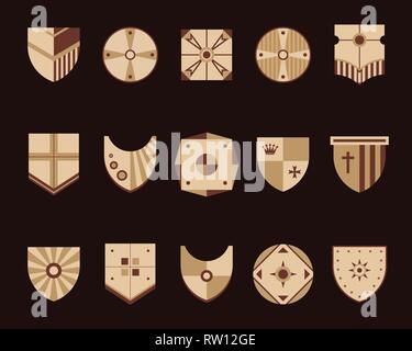 Army shields icons set. Medieval shields set. Logo emblem isolated on dark background. Flat design. Vector illustration. Stock Vector