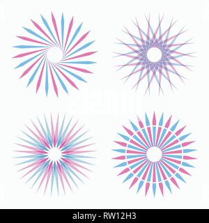Set of abstract circular geometric shapes. Sacred geometry. Sunburst, starburst shapes. Design elements. Radial, merging lines. Star symbols. Round lo Stock Vector
