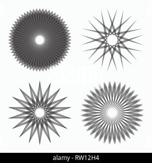 Set of abstract circular geometric shapes. Sacred geometry. Sunburst, starburst shapes. Design elements. Radial, merging lines. Star symbols. Round lo Stock Vector