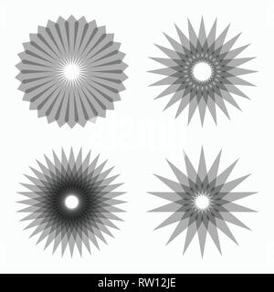 Set of abstract circular geometric shapes. Sacred geometry. Sunburst, starburst shapes. Design elements. Radial, merging lines. Star symbols. Round lo Stock Vector