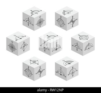 3D cubes with abstract symbols on each side. Set of spatial figures. Flat isometric graphics. Vector illustrations. Geometric logos isolated on white. Stock Vector