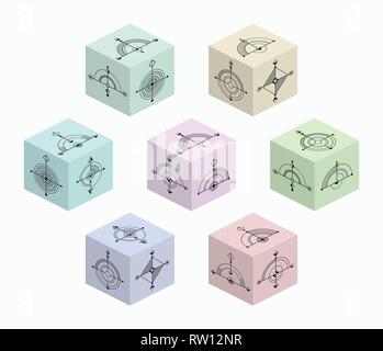 3D cubes with abstract symbols on each side. Set of colored spatial figures. Flat isometric graphics. Vector illustrations. Geometric logos isolated. Stock Vector