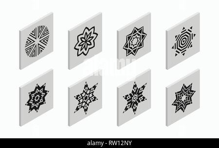 Isometric icons with abstract symmetric symbols. Flat 3D tiles, geometric logos, isolated on light gray background. Vector illustration. Stock Vector