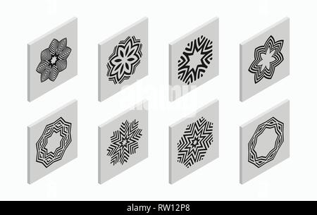Isometric icons with abstract symmetric symbols. Flat 3D tiles, geometric logos, isolated on light gray background. Vector illustration. Stock Vector