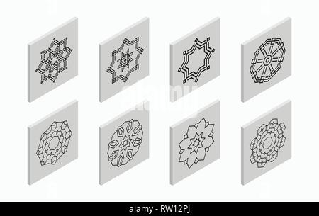 Isometric icons with abstract symmetric symbols. Flat 3D tiles, geometric logos, isolated on light gray background. Vector illustration. Stock Vector